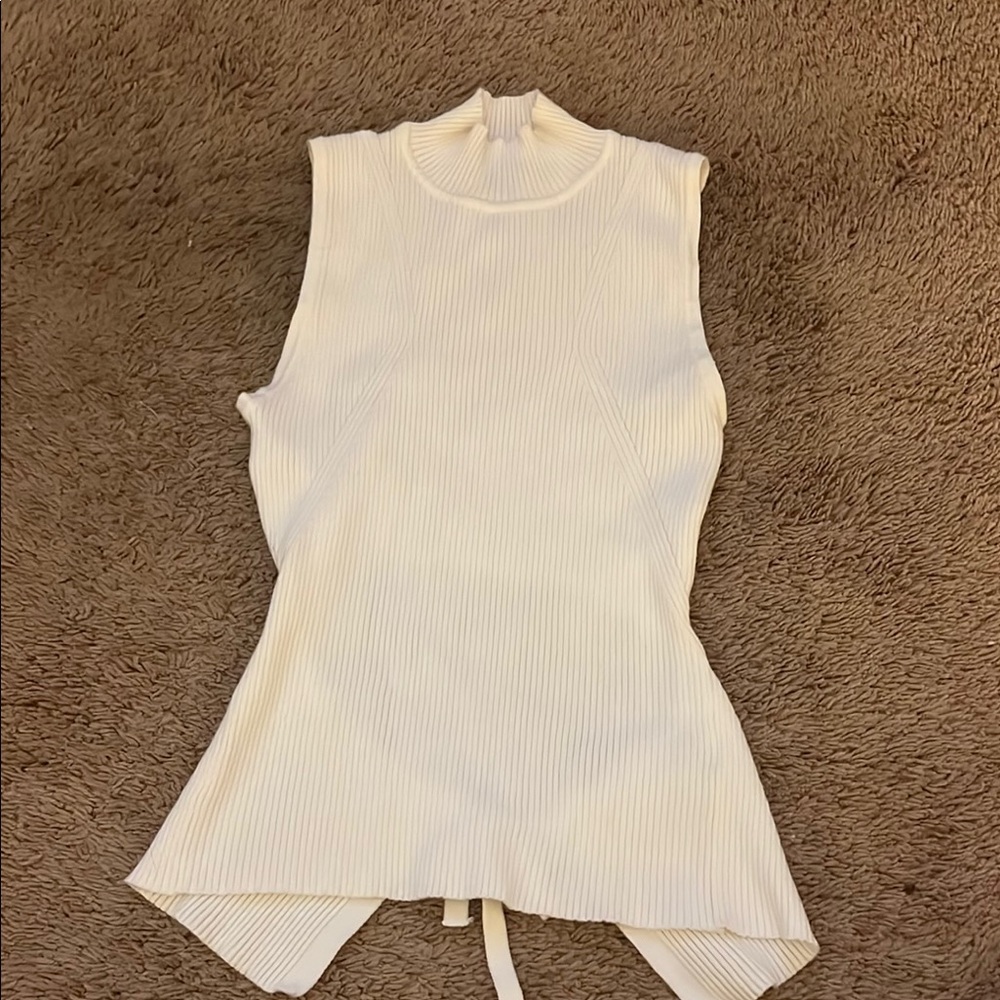 Cream Asymmetrical Tie Front Tank Top with Mandarin Collar